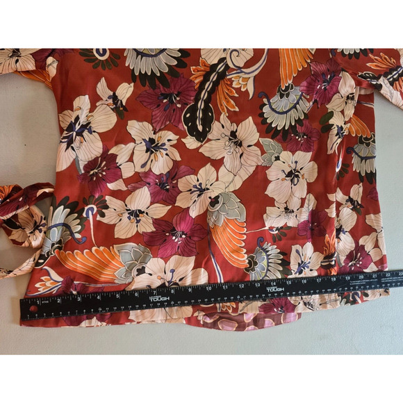 Zara Woman Blouse M Red Pink Floral & Dots Wrap Tie Long Sleeve V-Neck - Picture 9 of 15